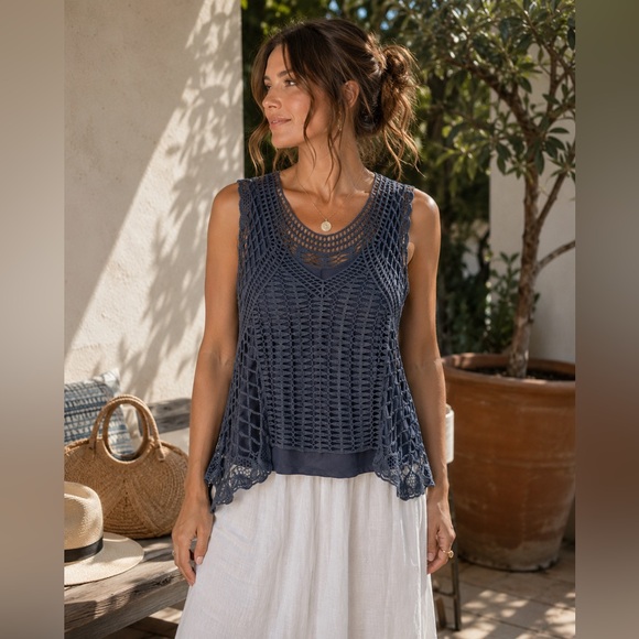 XCVI Tops - XCVI Blue Crochet Overlay Cotton Sleeveless Tank Top Size Small